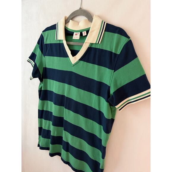 Uniqlo Michael Bastian Polo Shirt Mens Med Short Sleeve Green Navy Blue Stripe - Picture 3 of 6
